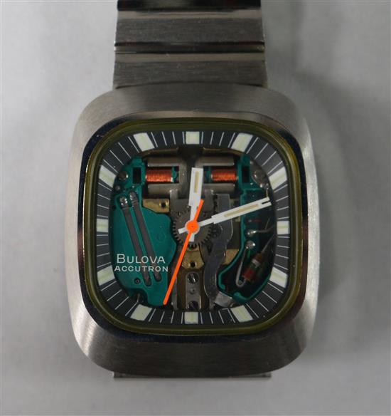 A gentlemans stainless steel Bulova Accutron wrist watch.